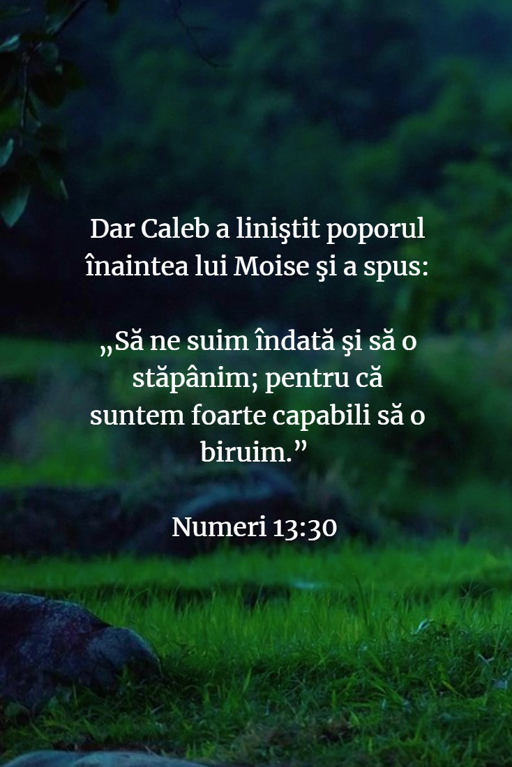 Dar Caleb a liniştit poporul înaintea lui Moise şi a spus: „Să ne suim îndată şi să o stăpânim;pentru că suntem foarte capabili să o biruim.” Numeri 13:30