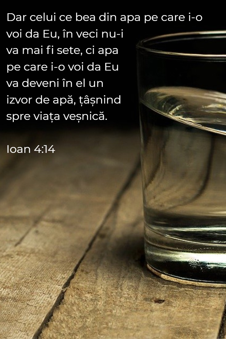 Dar celui ce bea din apa pe care i-o voi da Eu, în veci nu-i va mai fi sete, ci apa pe care i-o voi da Eu va deveni în el un izvor de apă, țâșnind spre viața veșnică. Ioan 4:14