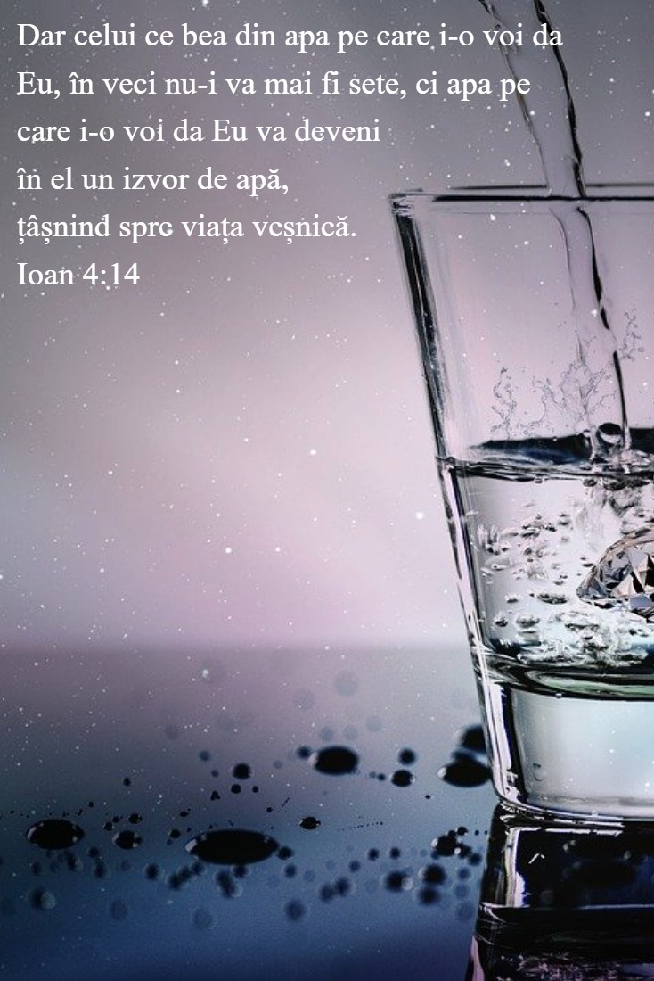 Dar celui ce bea din apa pe care i-o voi da Eu, în veci nu-i va mai fi sete, ci apa pe care i-o voi da Eu va deveni în el un izvor de apă, țâșnind spre viața veșnică. Ioan 4:14