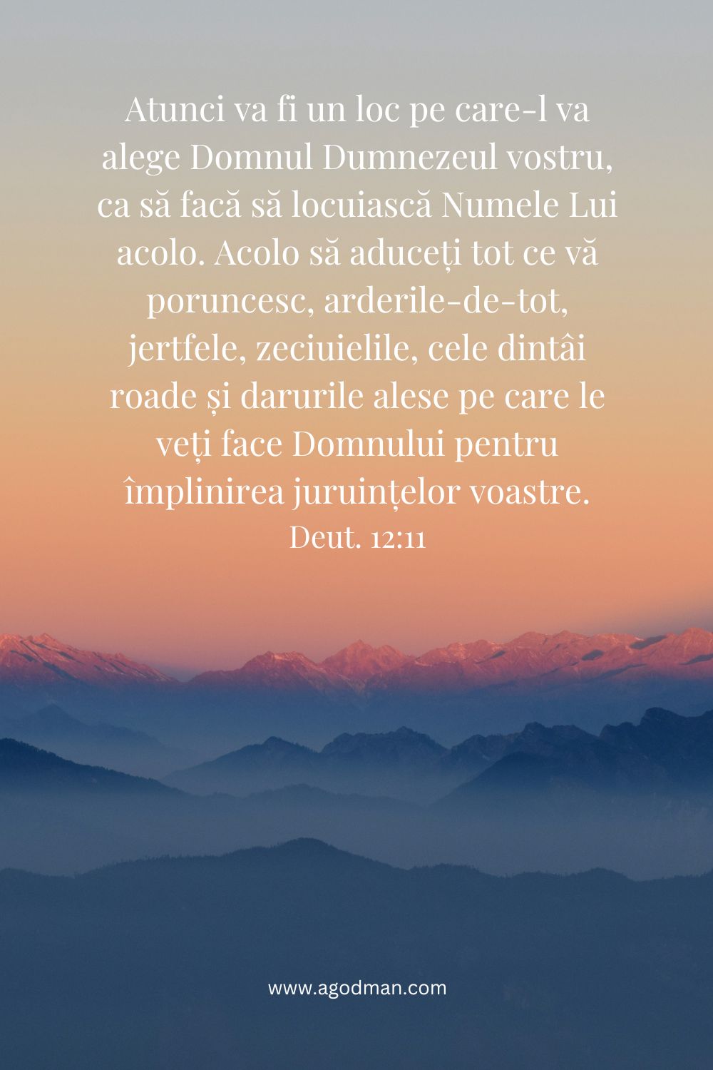 Atunci va fi un loc pe care-l va alege Domnul Dumnezeul vostru, ca să facă să locuiască Numele Lui acolo. Acolo să aduceți tot ce vă poruncesc, arderile-de-tot, jertfele, zeciuielile, cele dintâi roade și darurile alese pe care le veți face Domnului pentru împlinirea juruințelor voastre. Deut. 12:11
