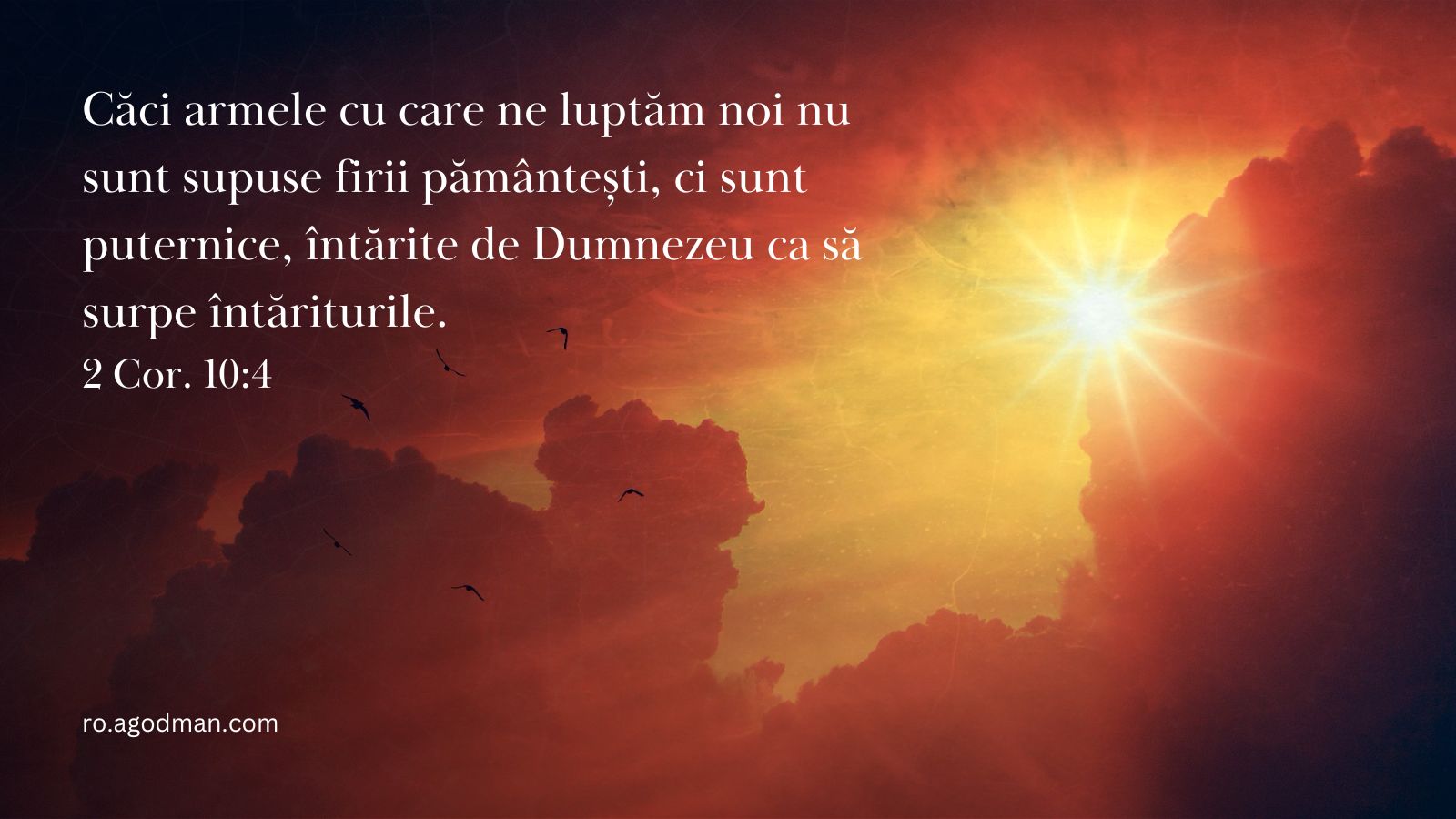 Căci armele cu care ne luptăm noi nu sunt supuse firii pământești, ci sunt puternice, întărite de Dumnezeu ca să surpe întăriturile. 2 Cor. 10:4