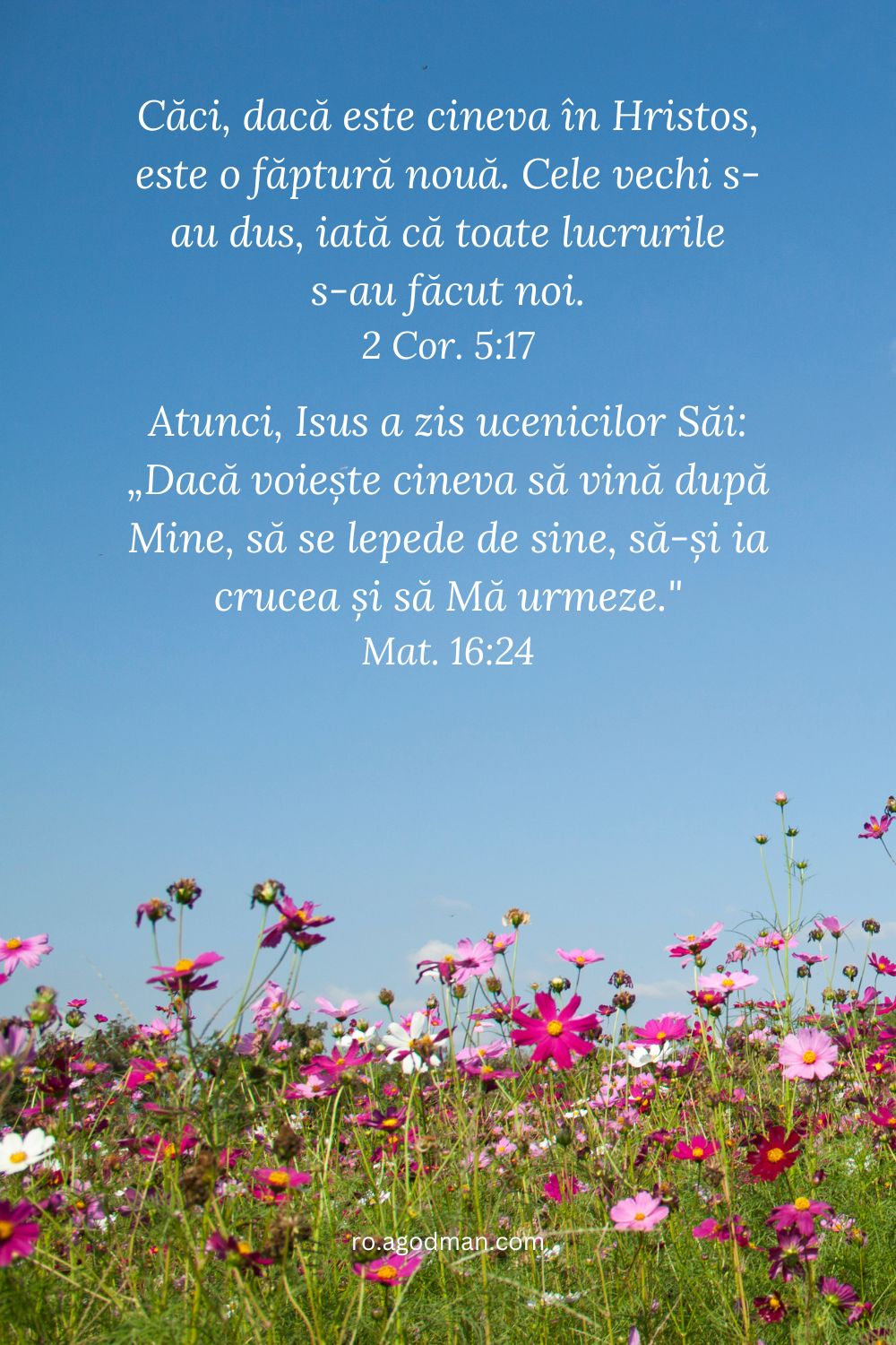 Căci, dacă este cineva în Hristos, este o făptură nouă. Cele vechi s-au dus, iată că toate lucrurile s-au făcut noi. 2 Cor. 5:17 Atunci, Isus a zis ucenicilor Săi: „Dacă voiește cineva să vină după Mine, să se lepede de sine, să-și ia crucea și să Mă urmeze." Mat. 16:24