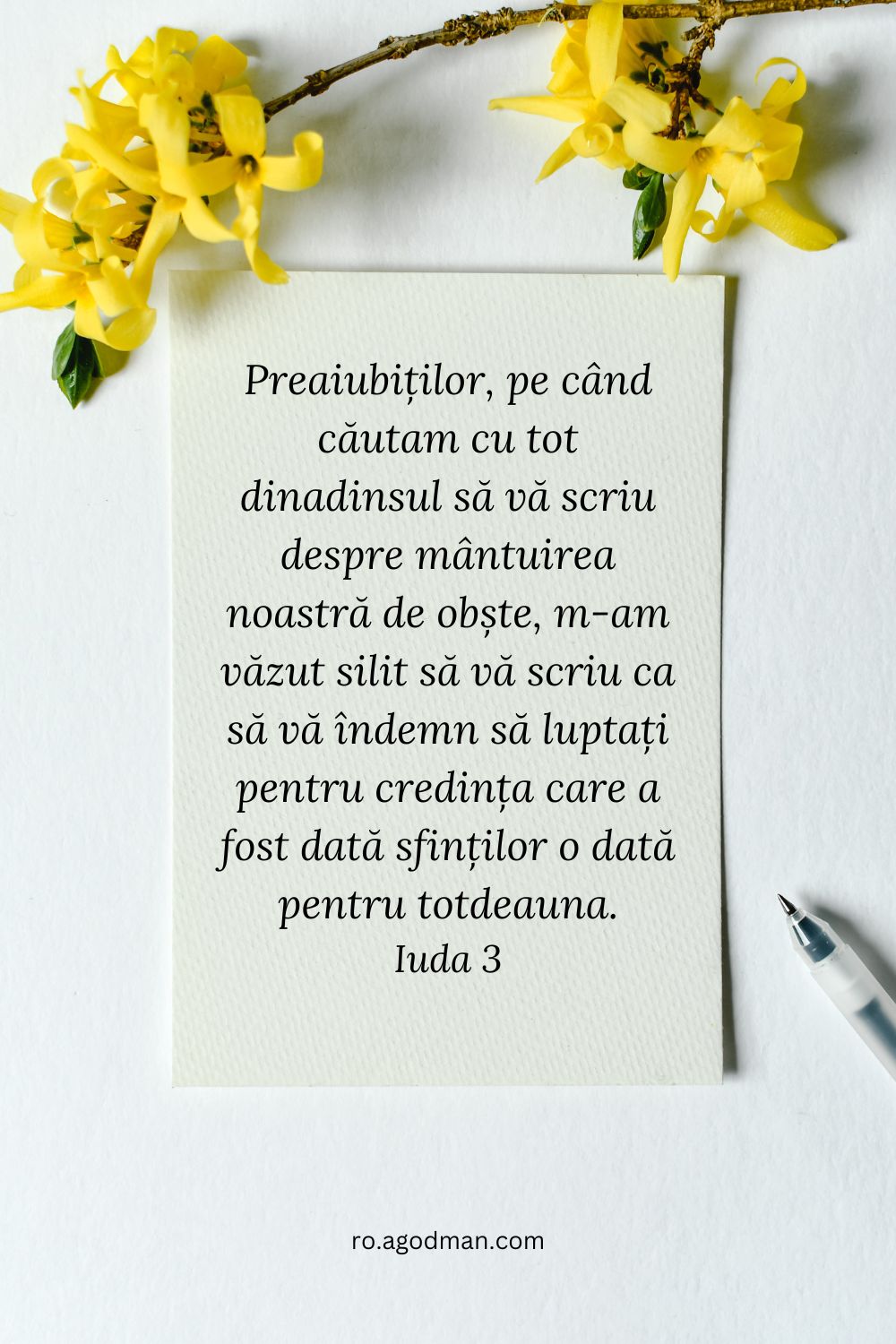 Preaiubiților, pe când căutam cu tot dinadinsul să vă scriu despre mântuirea noastră de obște, m-am văzut silit să vă scriu ca să vă îndemn să luptați pentru credința care a fost dată sfinților o dată pentru totdeauna. Iuda 3