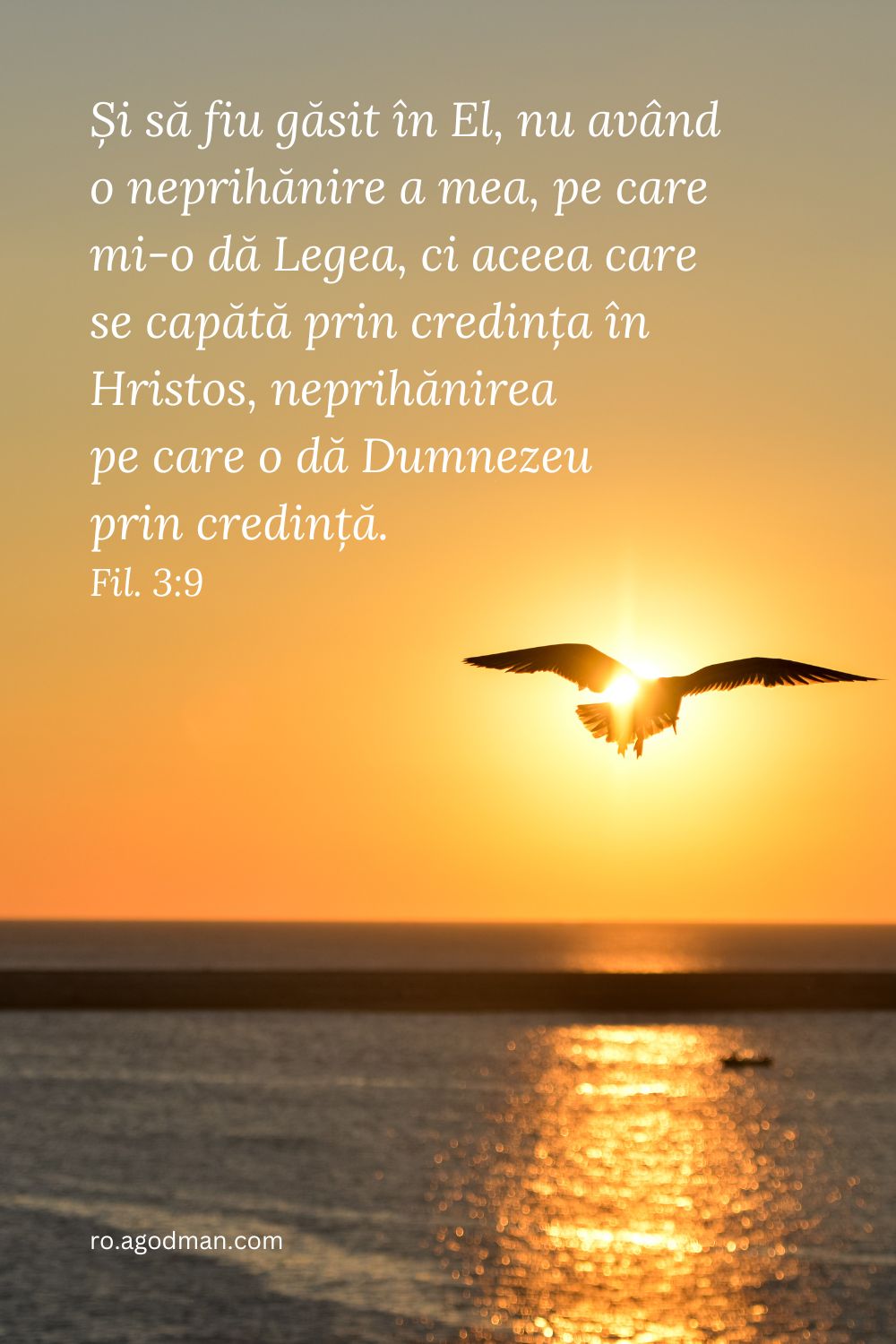 Și să fiu găsit în El, nu având o neprihănire a mea, pe care mi-o dă Legea, ci aceea care se capătă prin credința în Hristos, neprihănirea pe care o dă Dumnezeu prin credință. Fil. 3:9