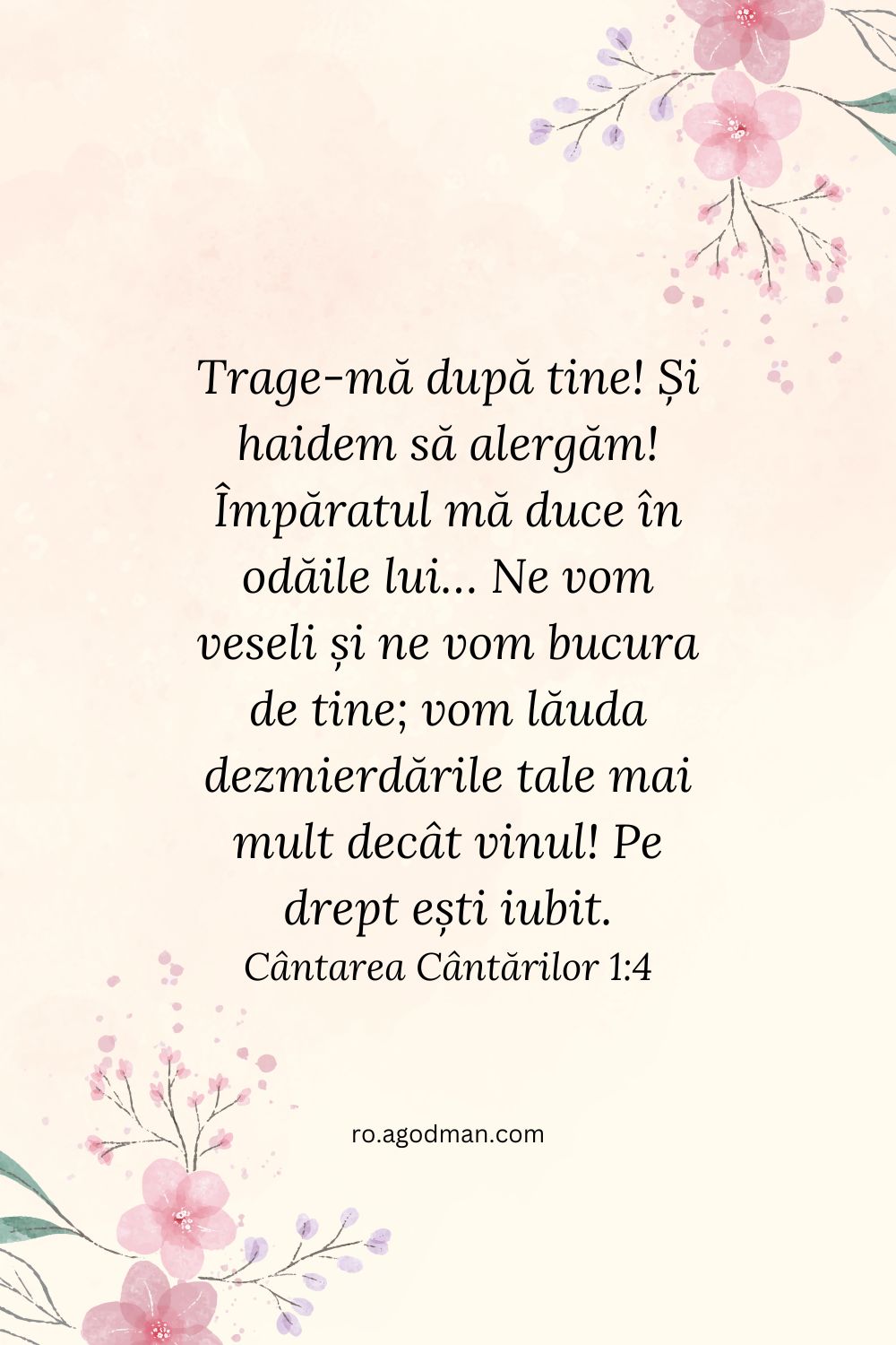 Trage-mă după tine! Și haidem să alergăm! Împăratul mă duce în odăile lui… Ne vom veseli și ne vom bucura de tine; vom lăuda dezmierdările tale mai mult decât vinul! Pe drept ești iubit. Cântarea Cântărilor 1:4